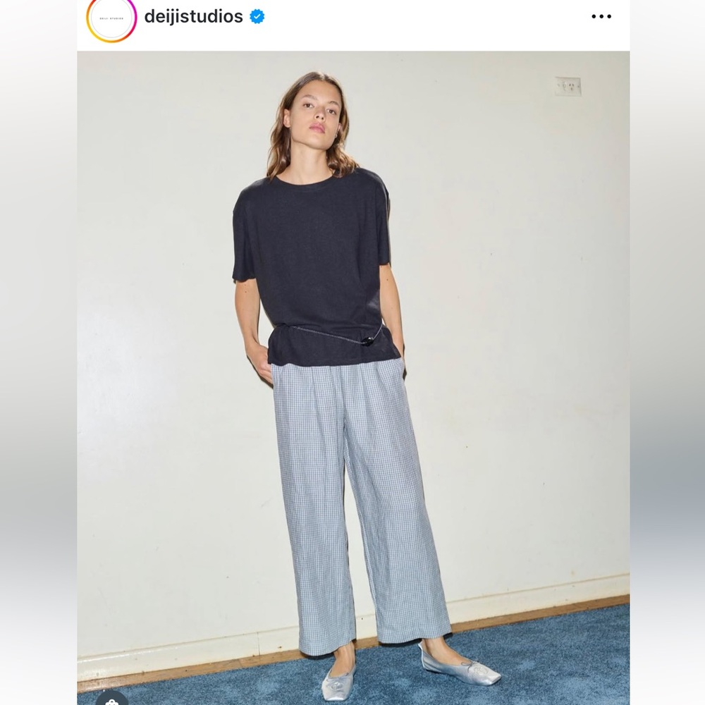Deiji Studios Ease Trouser Linen Field Check Wide Leg Pants Sz Small